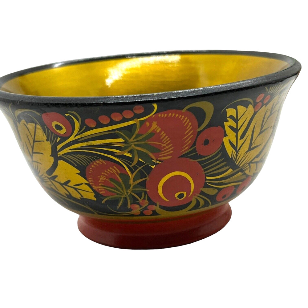 Khokhloma Bowl Strawberries Fruit Wheat Vintage USSR Russian Wood Lacquer Retro
